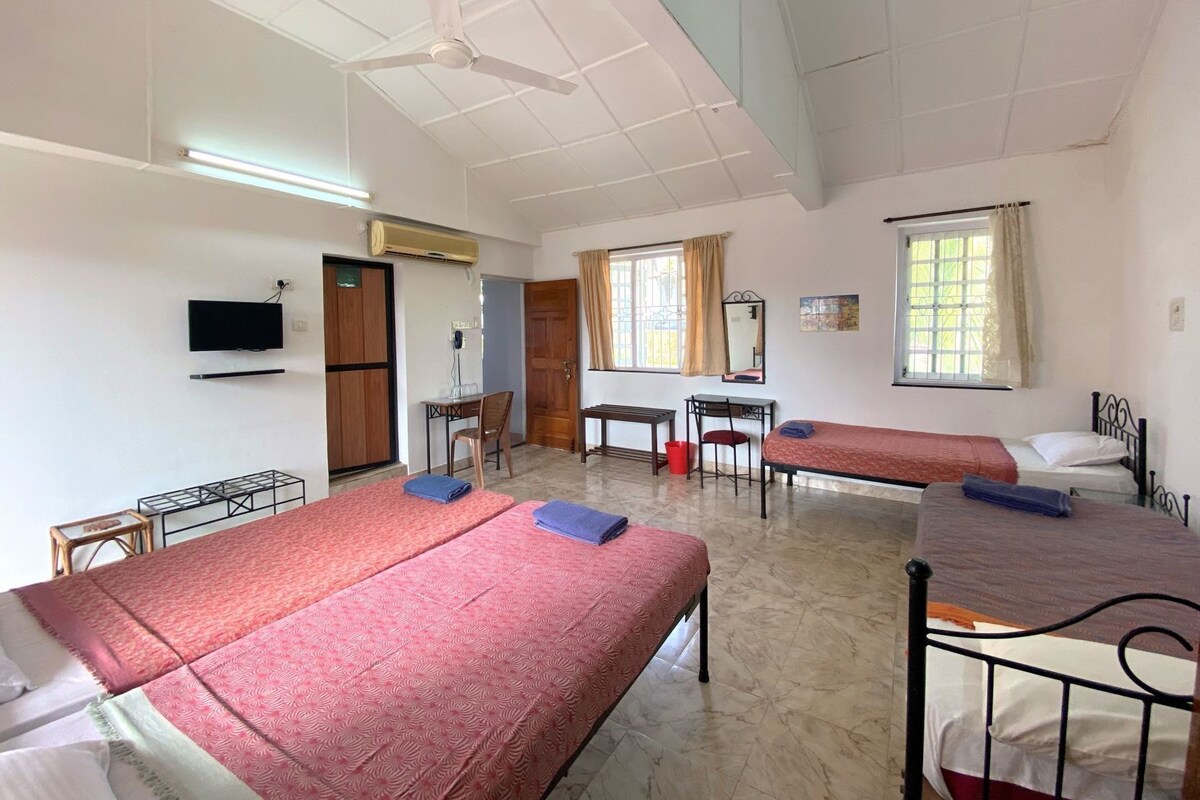 A dormitory room with three beds, a desk, a chair, a television, and a ceiling fan.