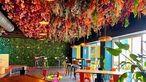 A restaurant interior with a green wall, hanging plants, and colorful chairs. - AX Sunny Coast Resort & Spa (St. Paul's Bay)