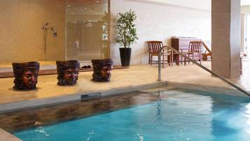 Indoor pool, seasonal outdoor pool, pool umbrellas, sun loungers