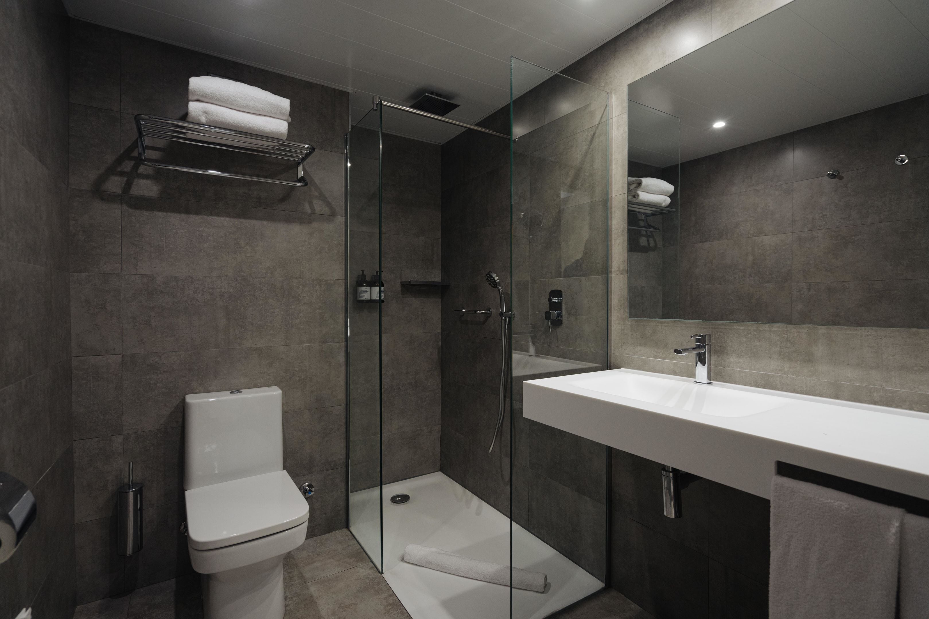 A modern bathroom with a glass-enclosed shower, a white sink, and a toilet.