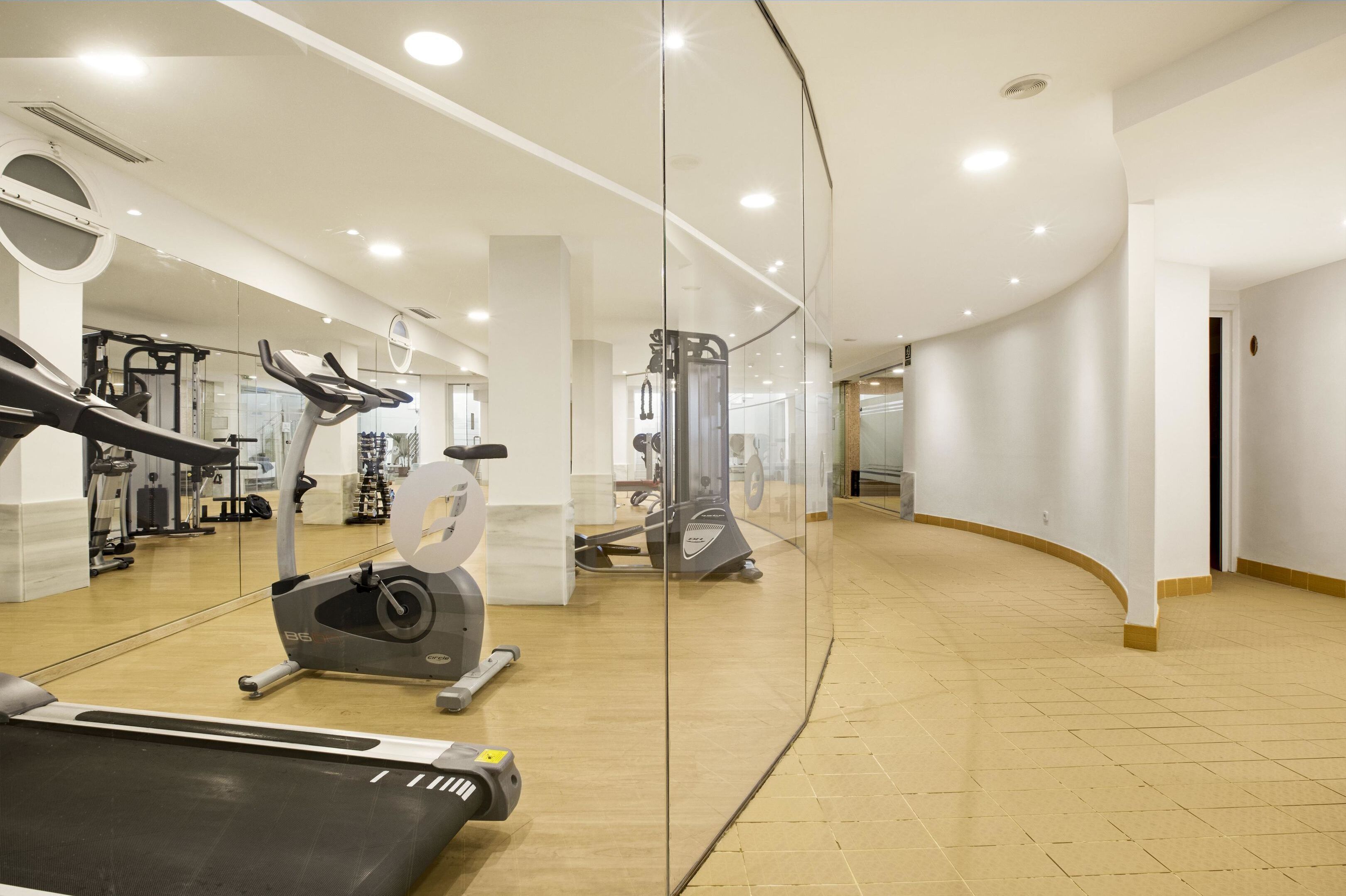 A modern gym with cardio equipment, weight machines, and a mirrored wall.