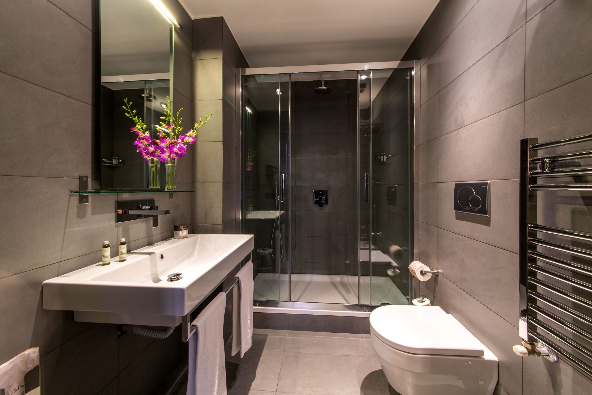 Deluxe-Doppelzimmer | Badezimmer | Kostenlose Toilettenartikel, Haartrockner, Handtücher, Seife