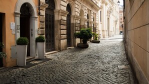 A cobblestone street with historic buildings, large potted plants, and a narrow alleyway.