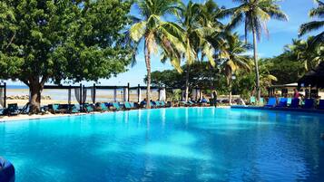 Outdoor pool, pool umbrellas, pool loungers