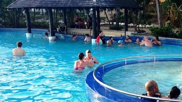 Outdoor pool, pool umbrellas, pool loungers