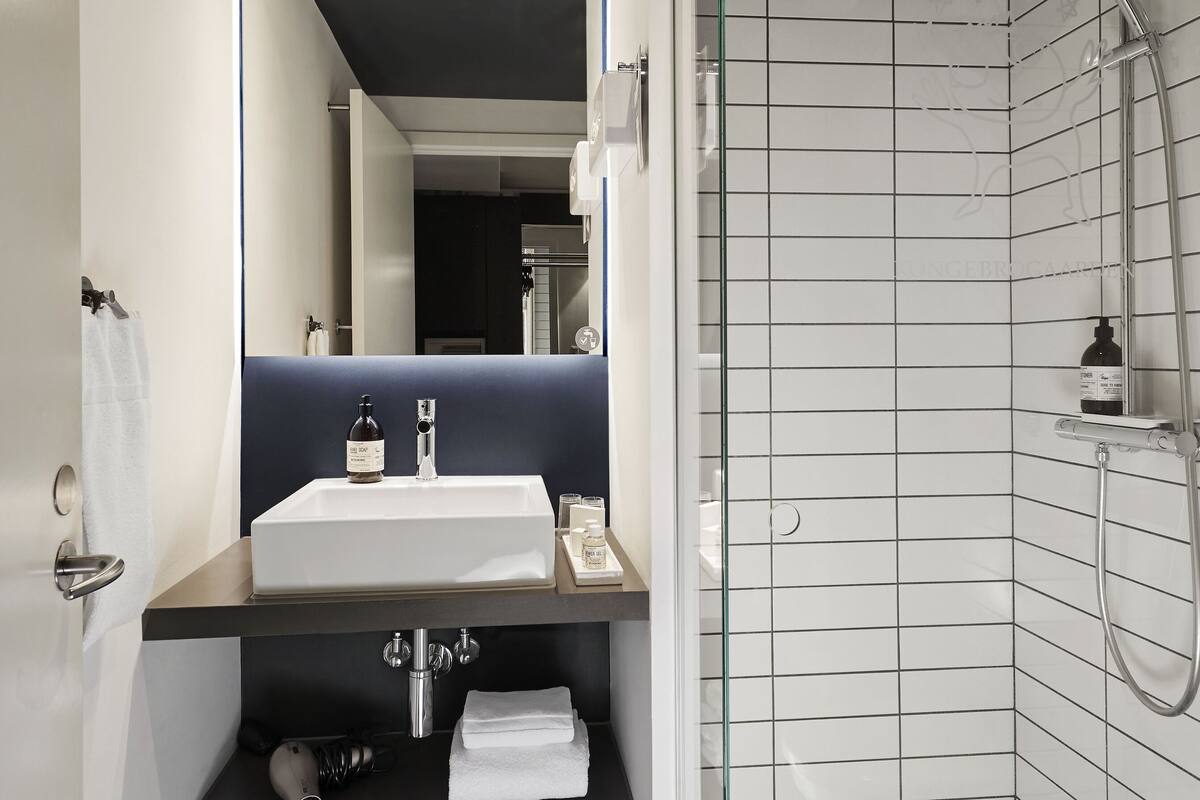 eco-friendly toiletries, hair dryer, towels