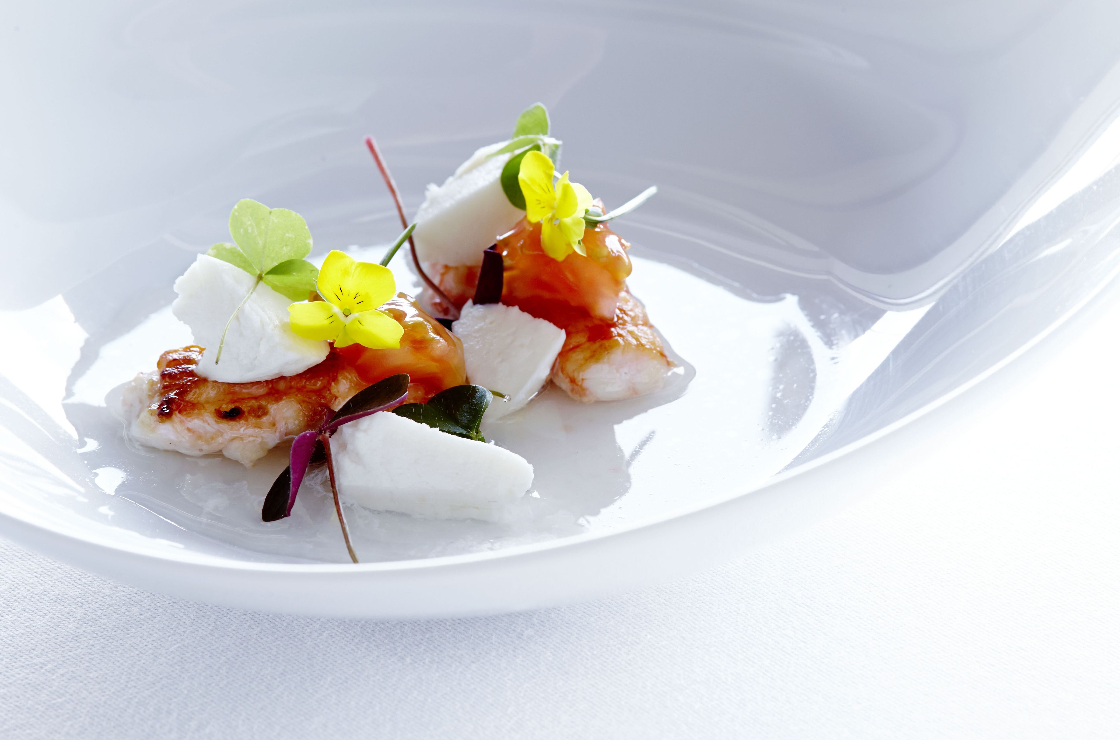 Un plato blanco con un guiso de mariscos adornado con flores y hierbas.
