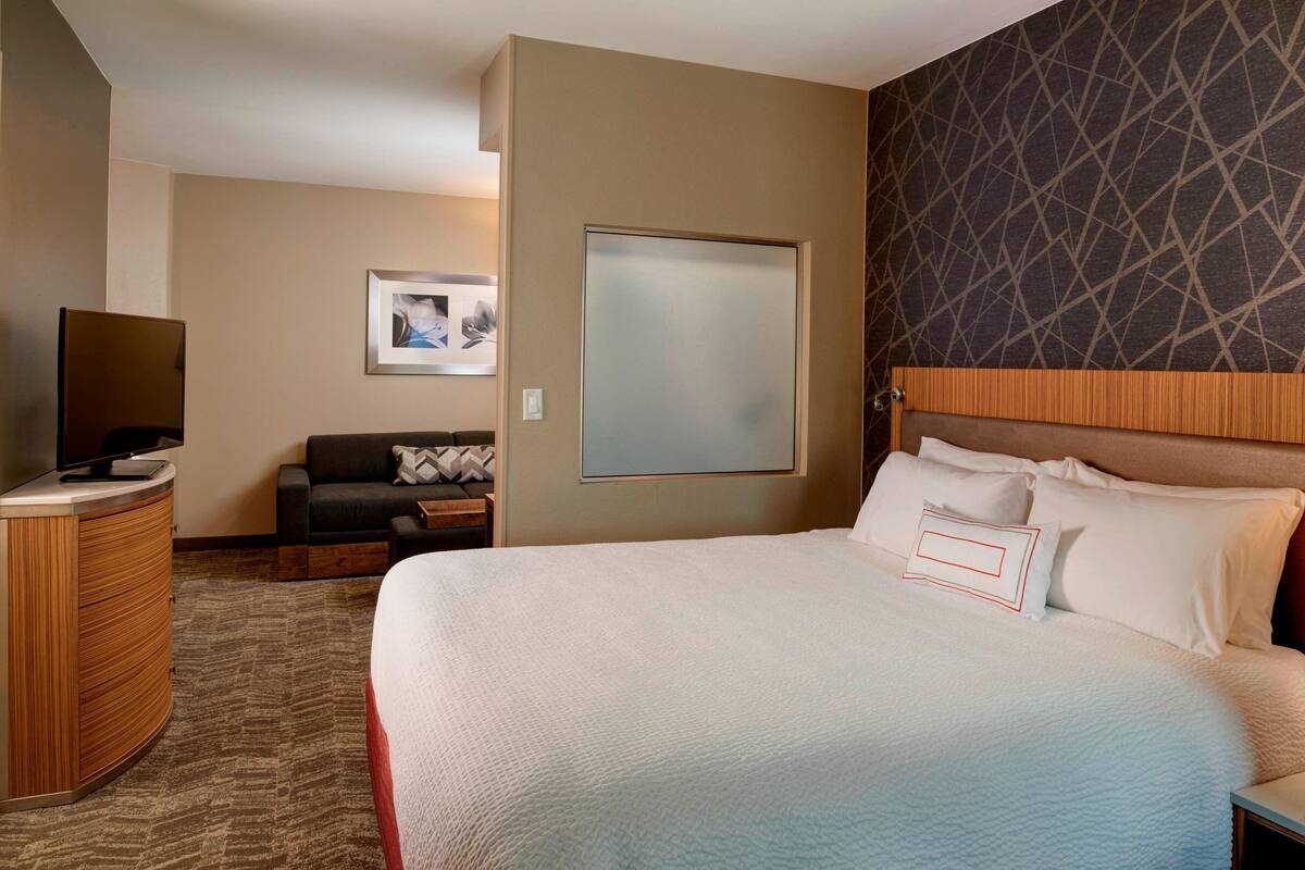 A hotel room with a large bed, a desk with a flat-screen TV, a sofa, and a framed picture on the wall.