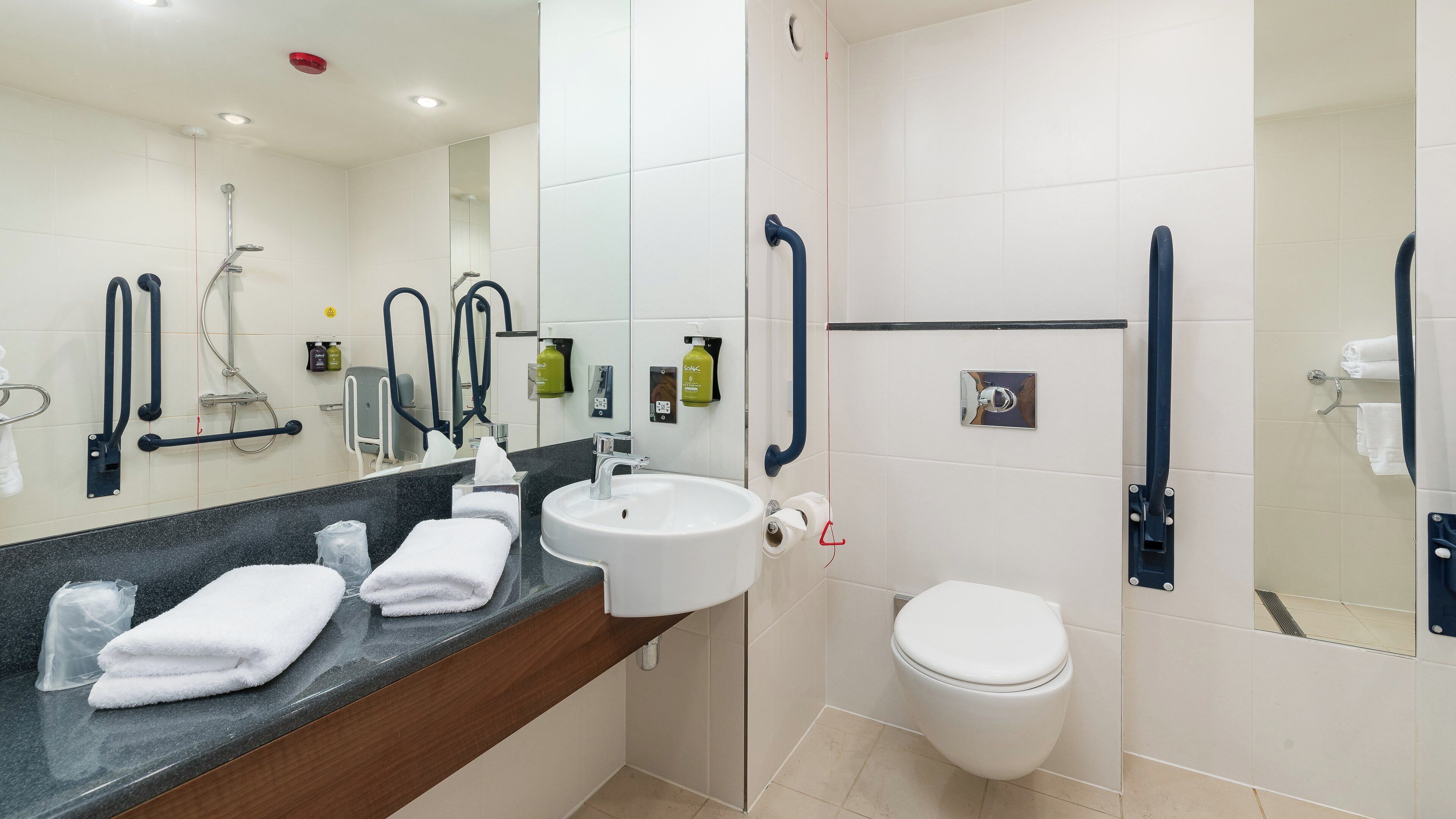 Ein modernes Badezimmer mit Waschbecken, Spiegel, Handtuchhalter, Toilette und Haltegriffen.