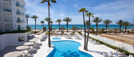 Indoor pool, outdoor pool, pool umbrellas, sun loungers