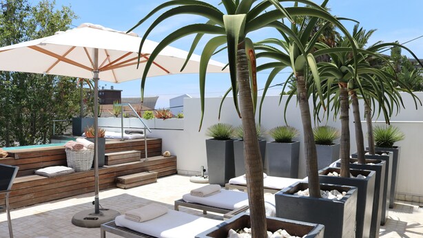 Um pátio moderno ao ar livre com cadeiras de lounge, um grande guarda-sol e plantas em vasos.