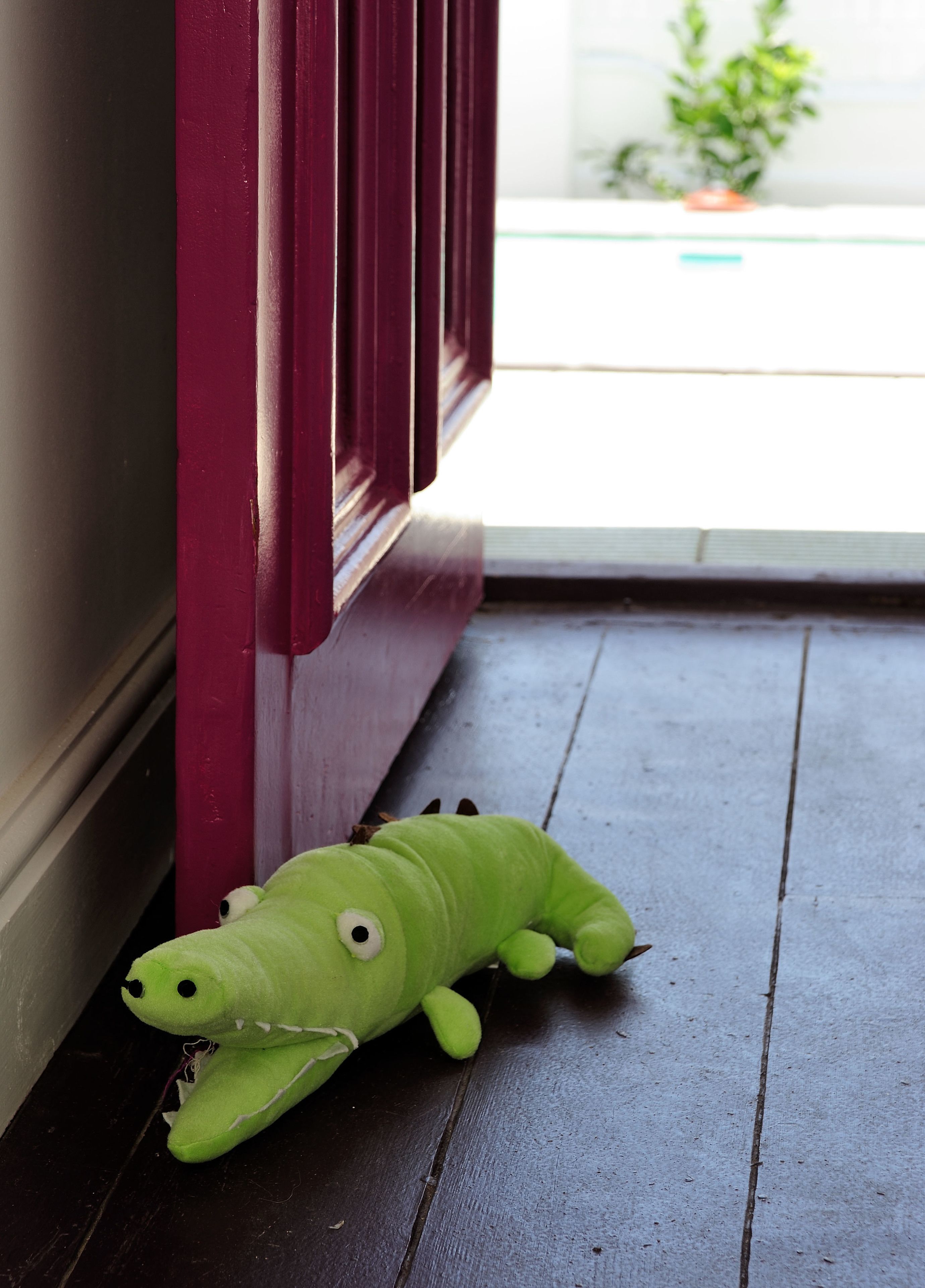 A green plush toy on a wooden floor near a red door.