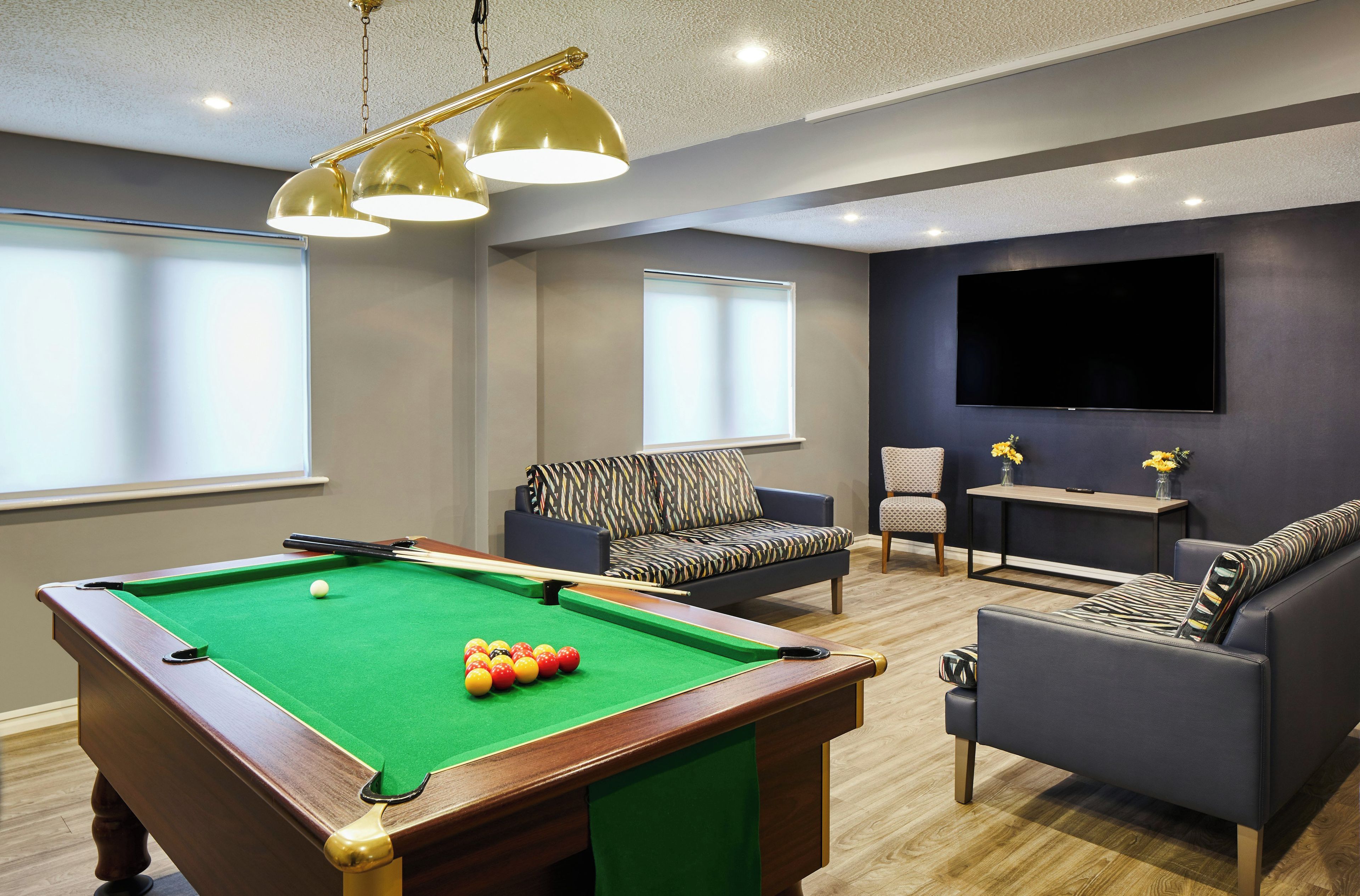 Une table de billard avec des billes et des queues, un canapé, un téléviseur et une fenêtre avec des stores.