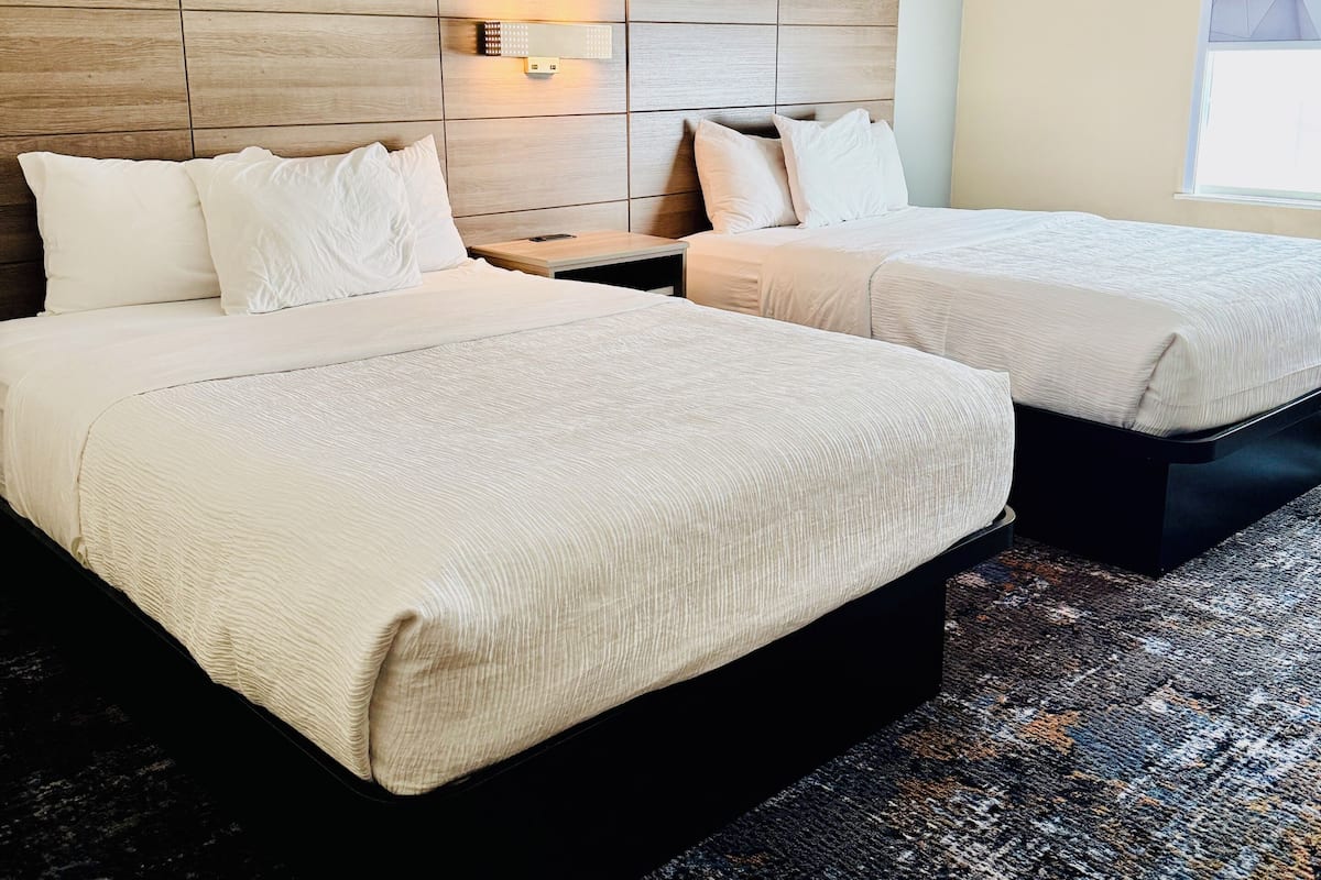 Een hotelkamer met twee bedden, een hoofdeinde met een lamp, een nachtkastje en een kamerbreed tapijt met een patroon.