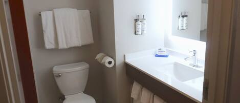 A bathroom with a toilet, a roll of toilet paper, a sink, and two bottles of hand soap on the wall.