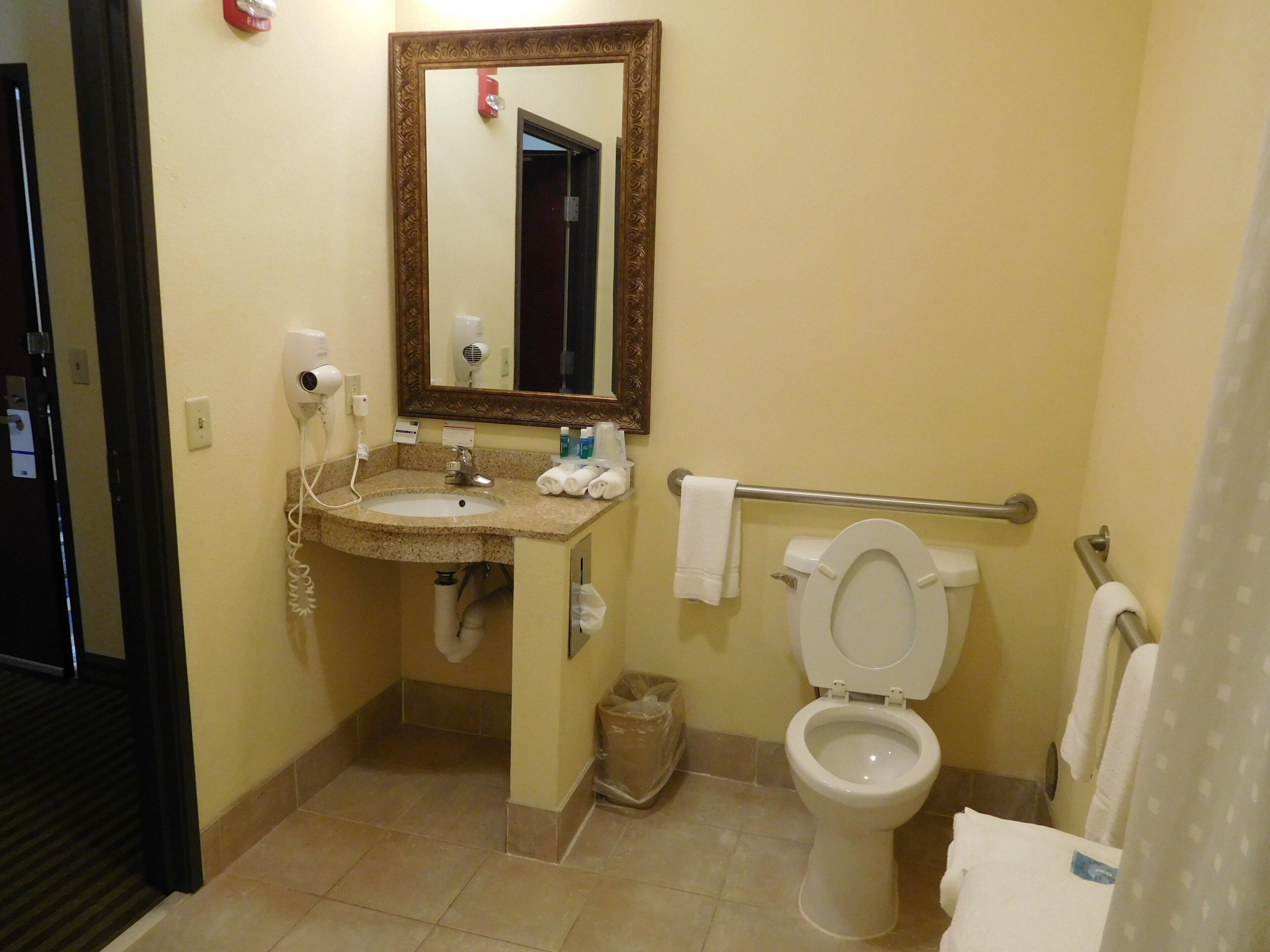 A bathroom with a sink, mirror, toilet, and towel rack.