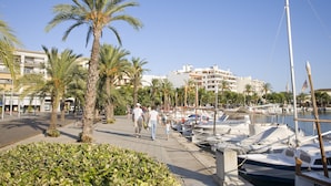 A marina with boats docked, palm trees, and a pedestrian walkway. - Apartamentos Siesta I (Alcúdia)