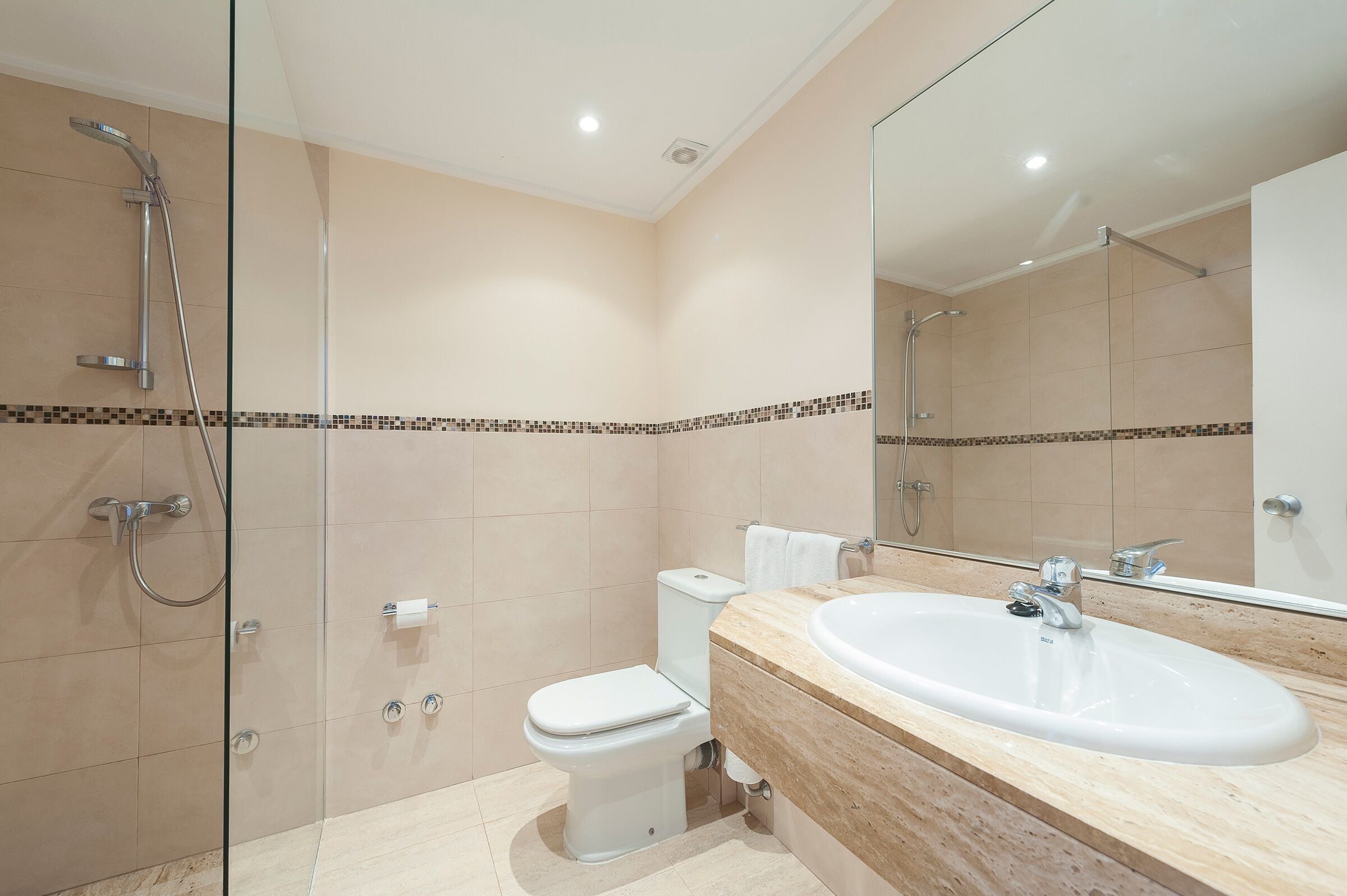 Une salle de bain moderne avec une douche à parois de verre, des toilettes blanches et un grand lavabo surmonté d’un miroir.