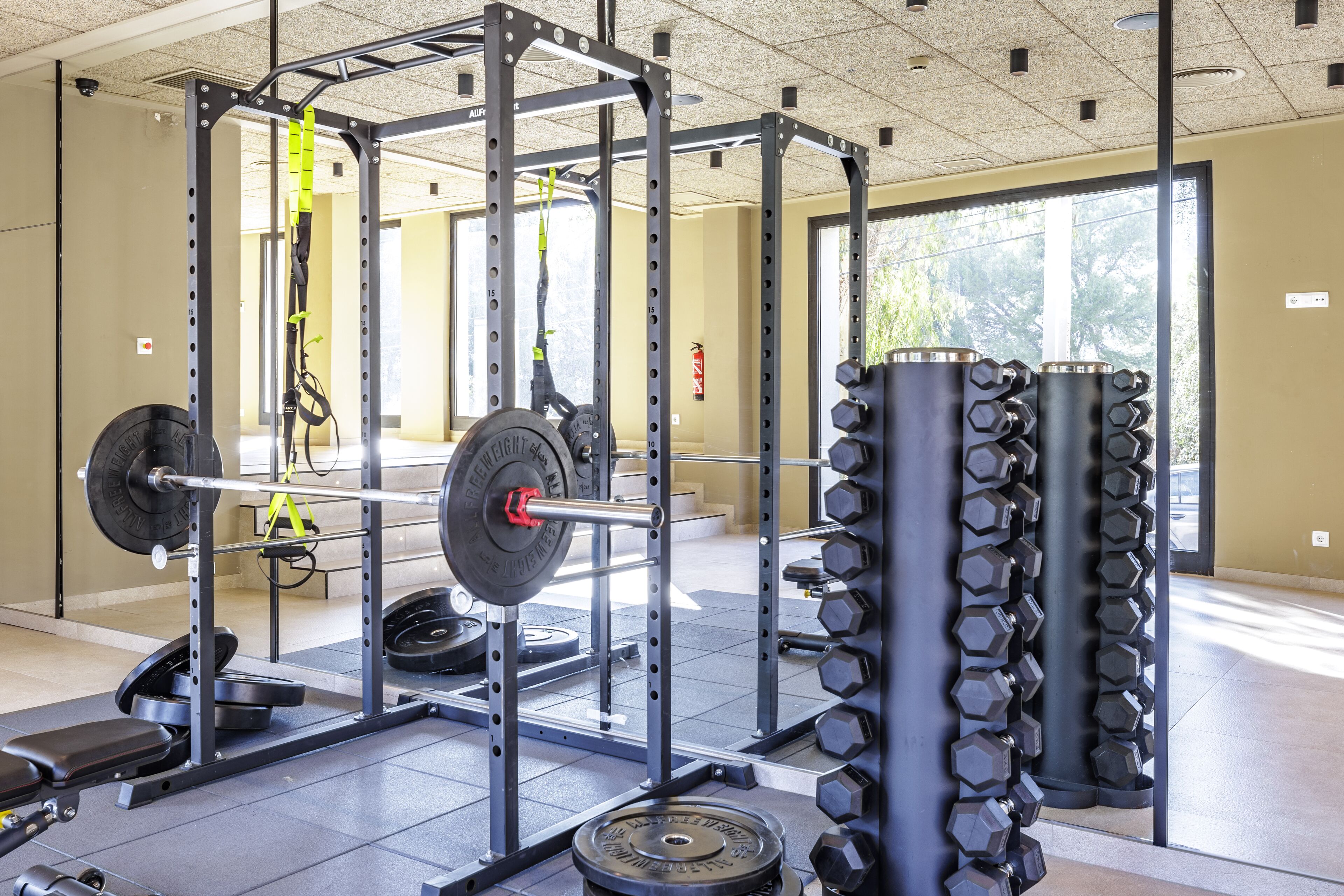 A gym with weightlifting equipment, including a squat rack and dumbbells.