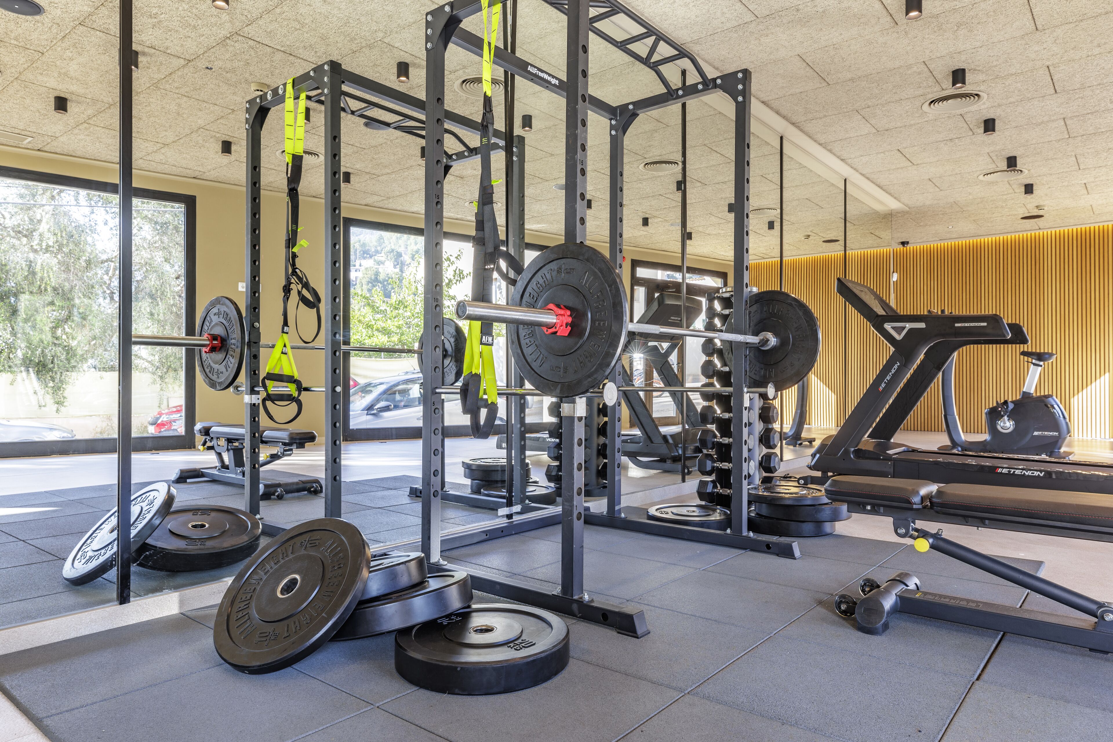 A gym with weightlifting equipment, treadmills, and a large window.