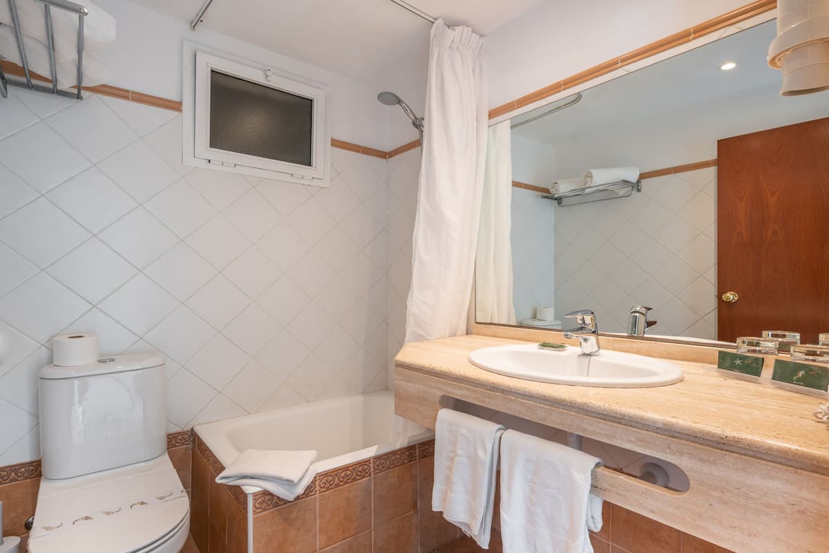 bathtub, hair dryer, towels, soap