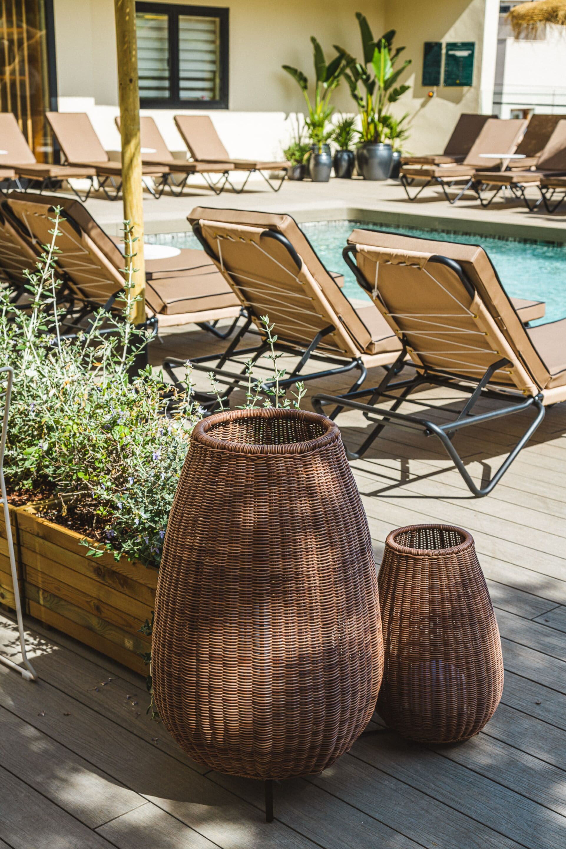 Un espace aménagé au bord de la piscine, avec des chaises longues et des jardinières en osier.