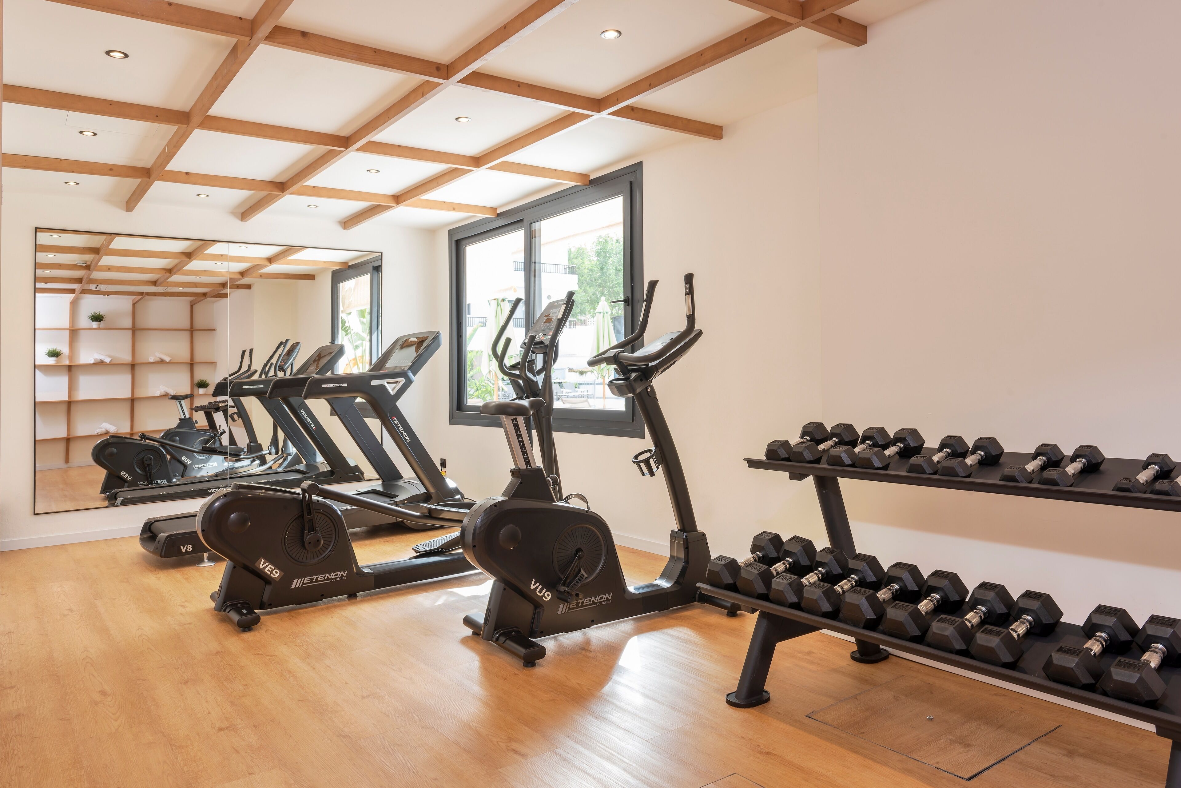 A gym with treadmills, dumbbells, and a mirrored wall.