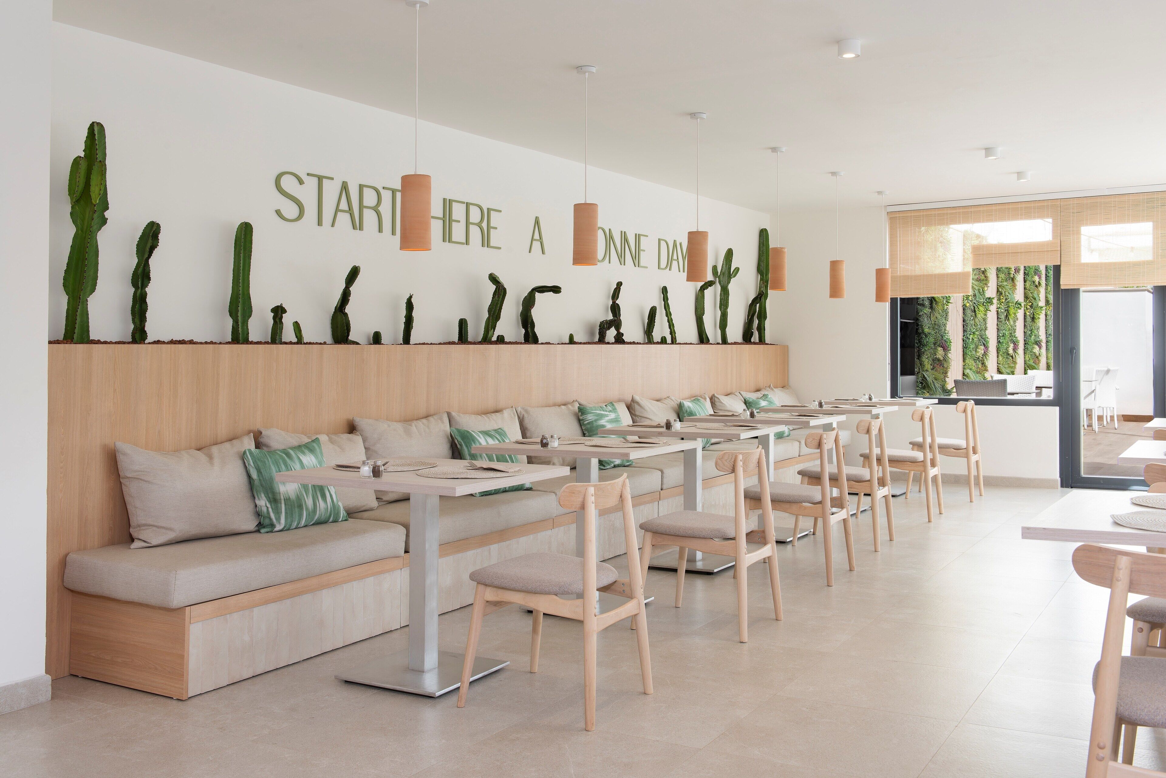 Ein modernes Café mit einer langen Theke, Holzsesseln und einer Wand mit Kakteen und einem Motivationsspruch.