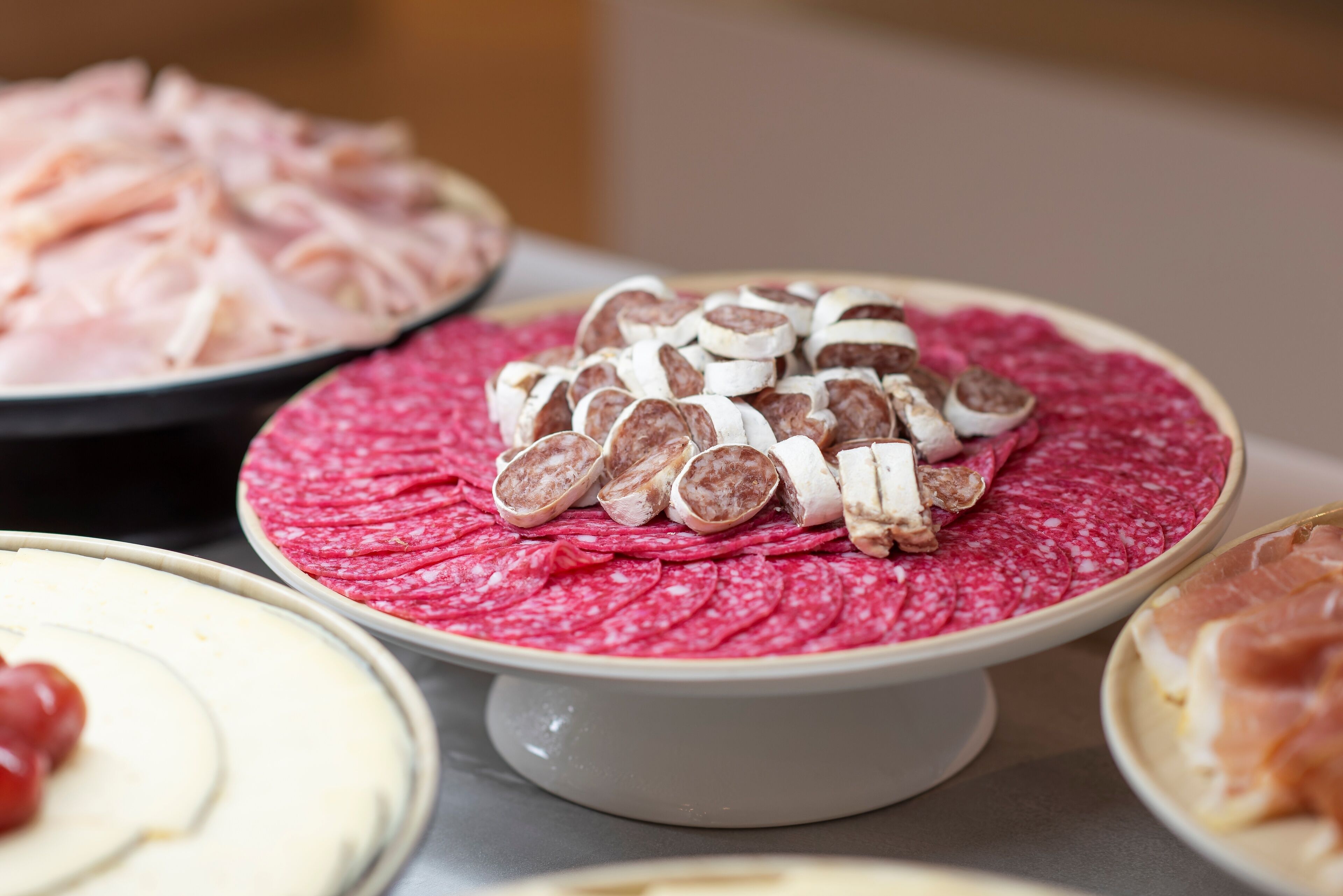 Variedad de carnes cortadas dispuestas en platos.