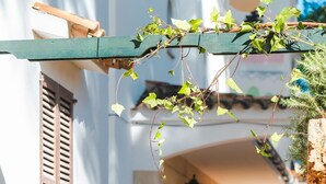 En smal gränd med en träpergola som är täckt av murgröna, stenmurar och ett klinkergolv.