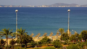 Vista costera con playa, palmeras y un paisaje urbano al fondo.