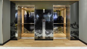 Een moderne lift met decoratieve wandpanelen en een bedieningspaneel.
