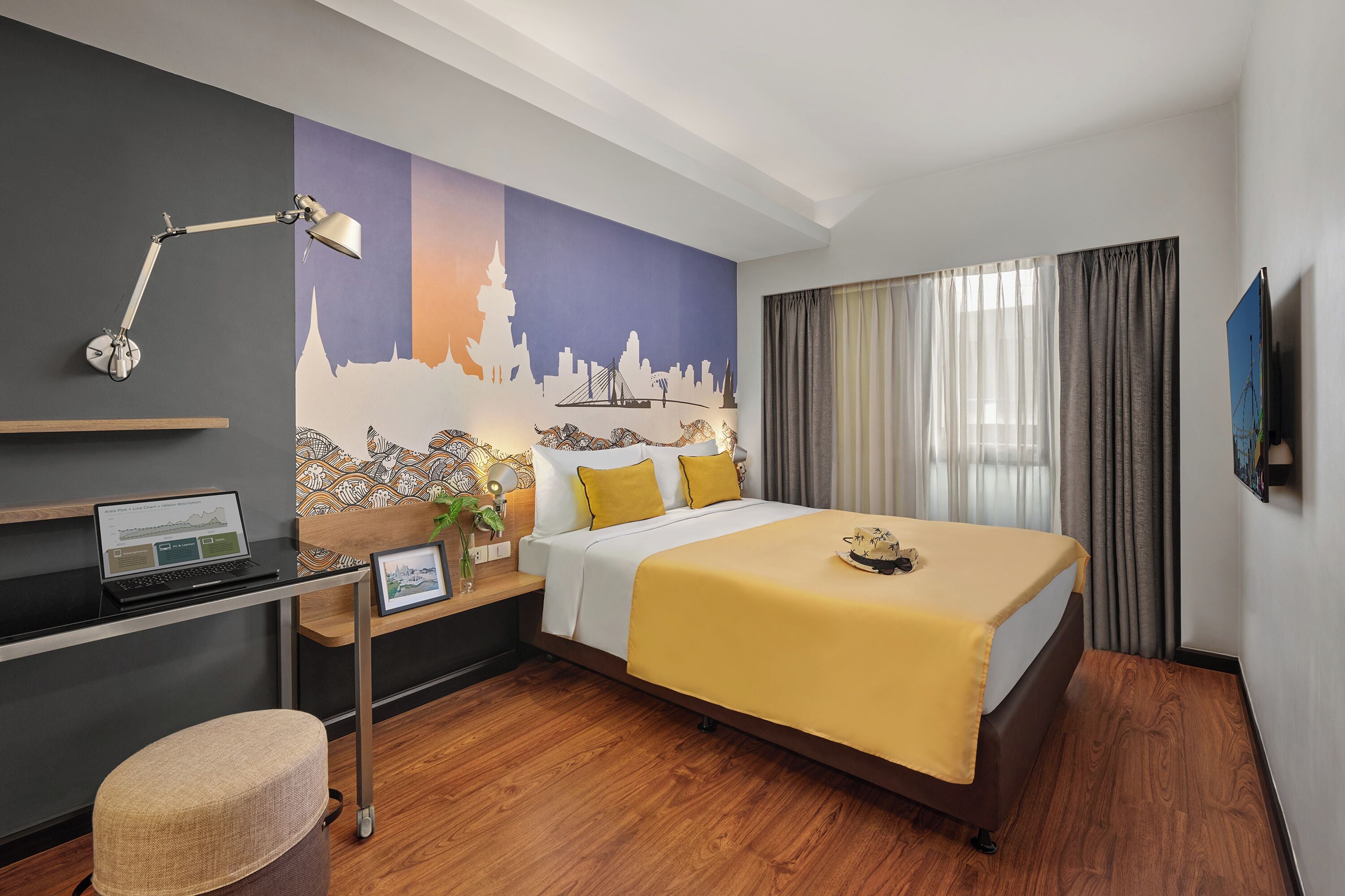 In-room safe, desk, laptop workspace, soundproofing