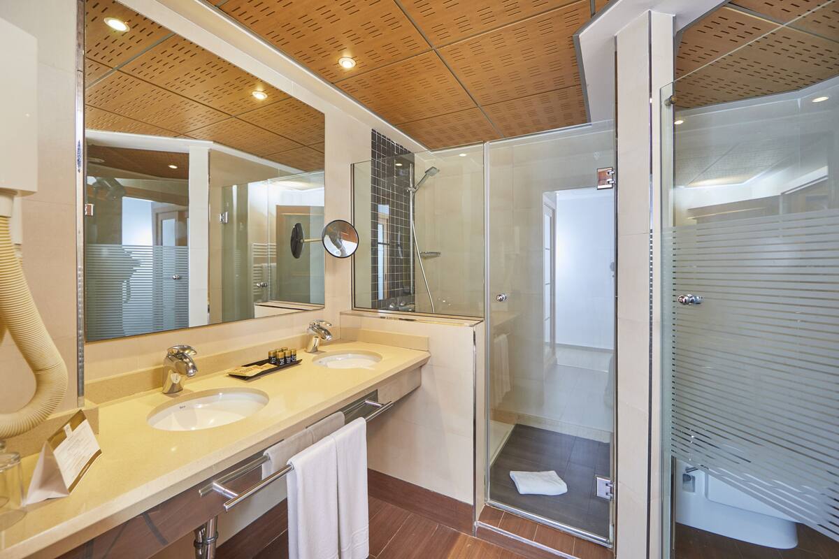 superior double room, terrace | bathroom | shower, eco-friendly toiletries, hair dryer, towels