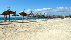 A beach with rows of thatched umbrellas and a clear blue sky. - Hotel Oleander (Palma de Mallorca)