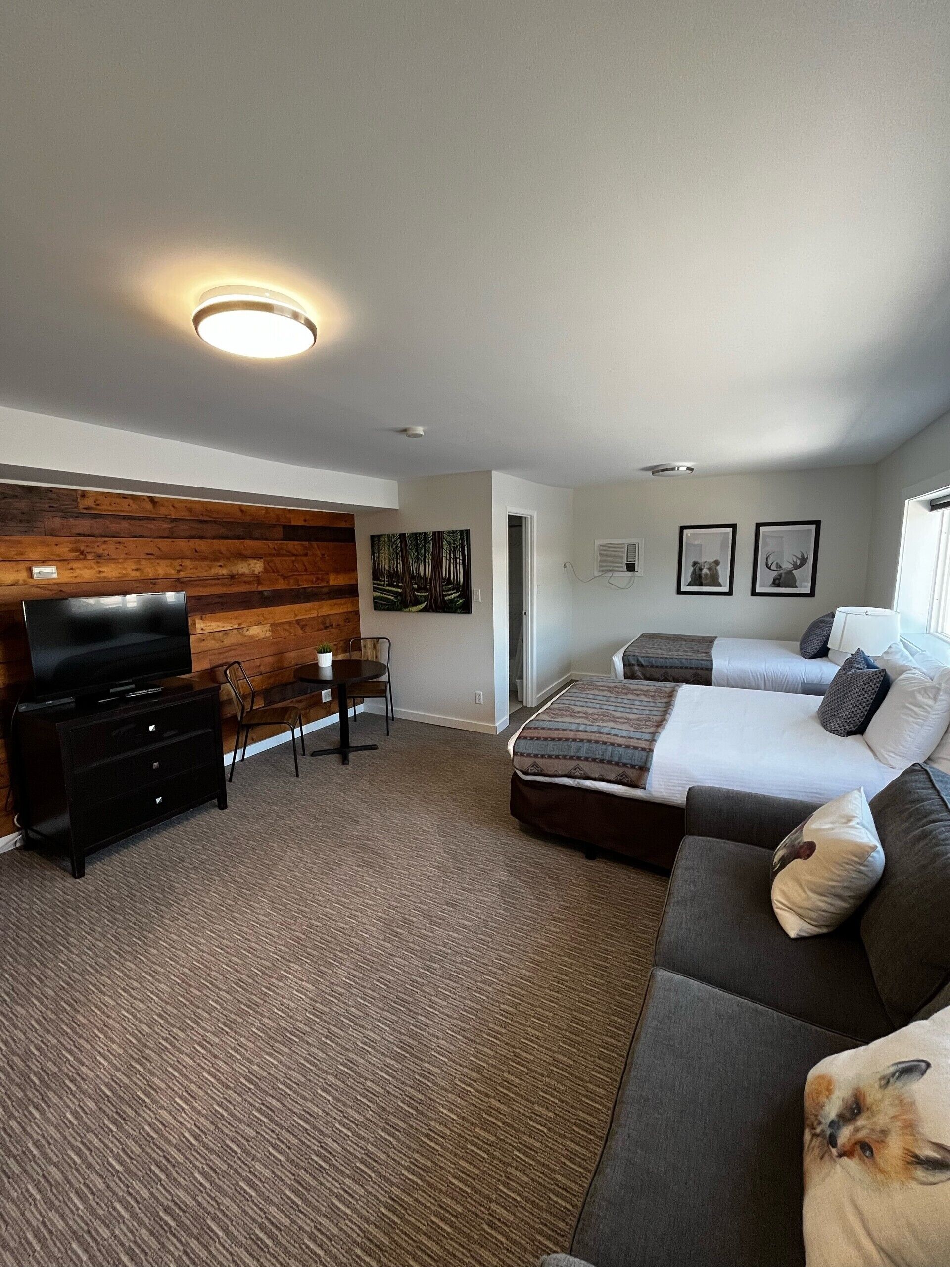 A modern hotel room with a large bed, a sofa, a TV, and a desk.