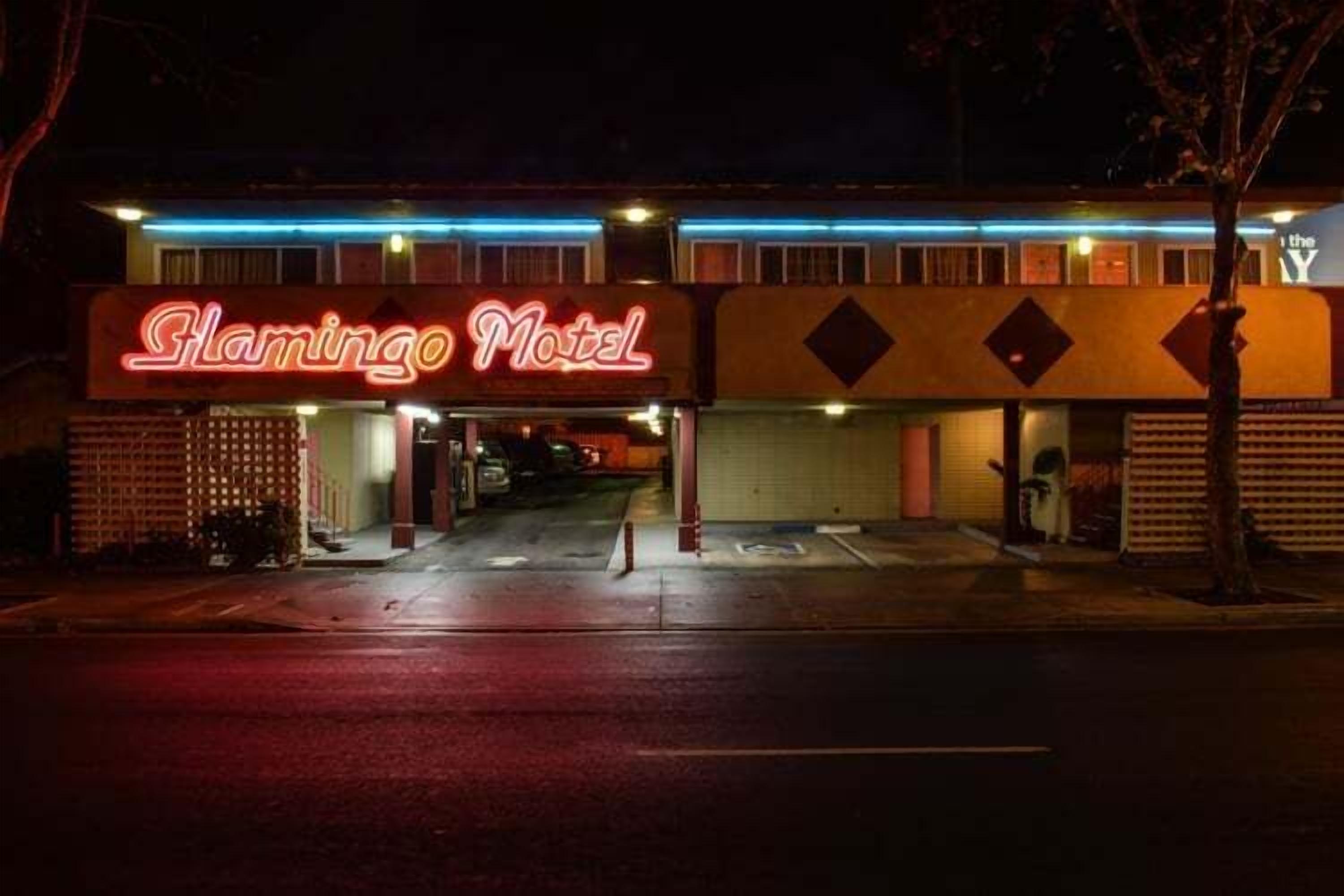 The exterior of the Flamingo Motel with a neon sign, a drive-through service area, and a parking lot.