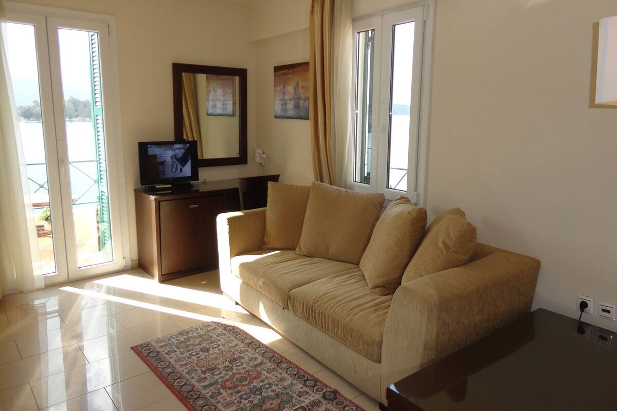 A living room with a beige sofa, a flat-screen TV on a wooden cabinet, a patterned rug, and large windows with curtains.