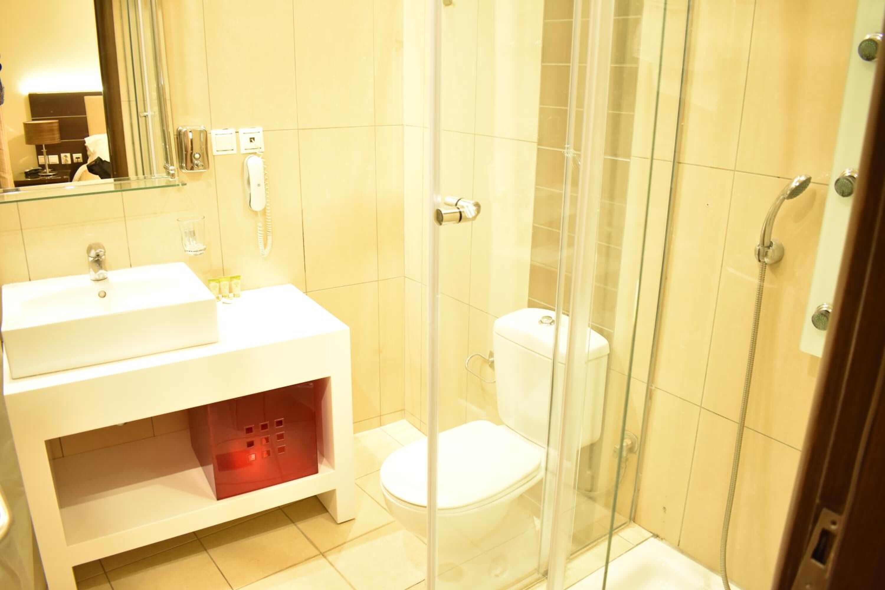 shower, hair dryer, bidet, towels