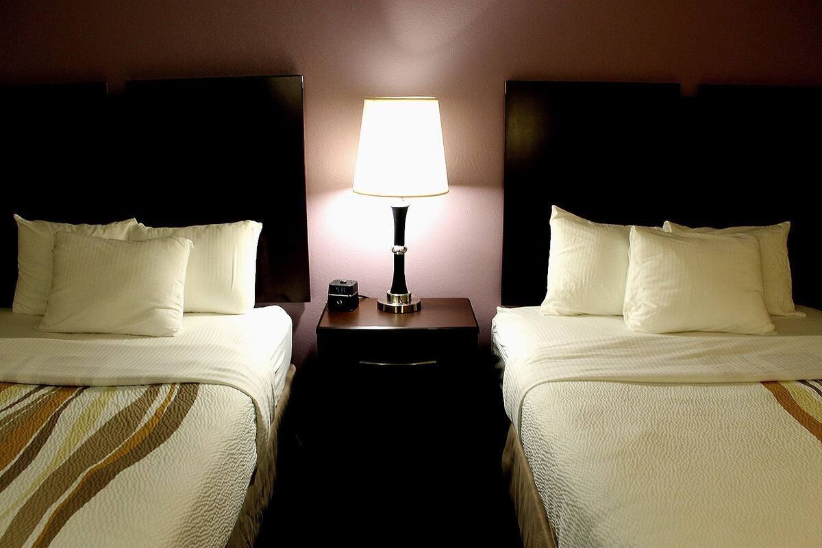 A hotel room with two beds, a nightstand with a lamp, and a dark headboard.