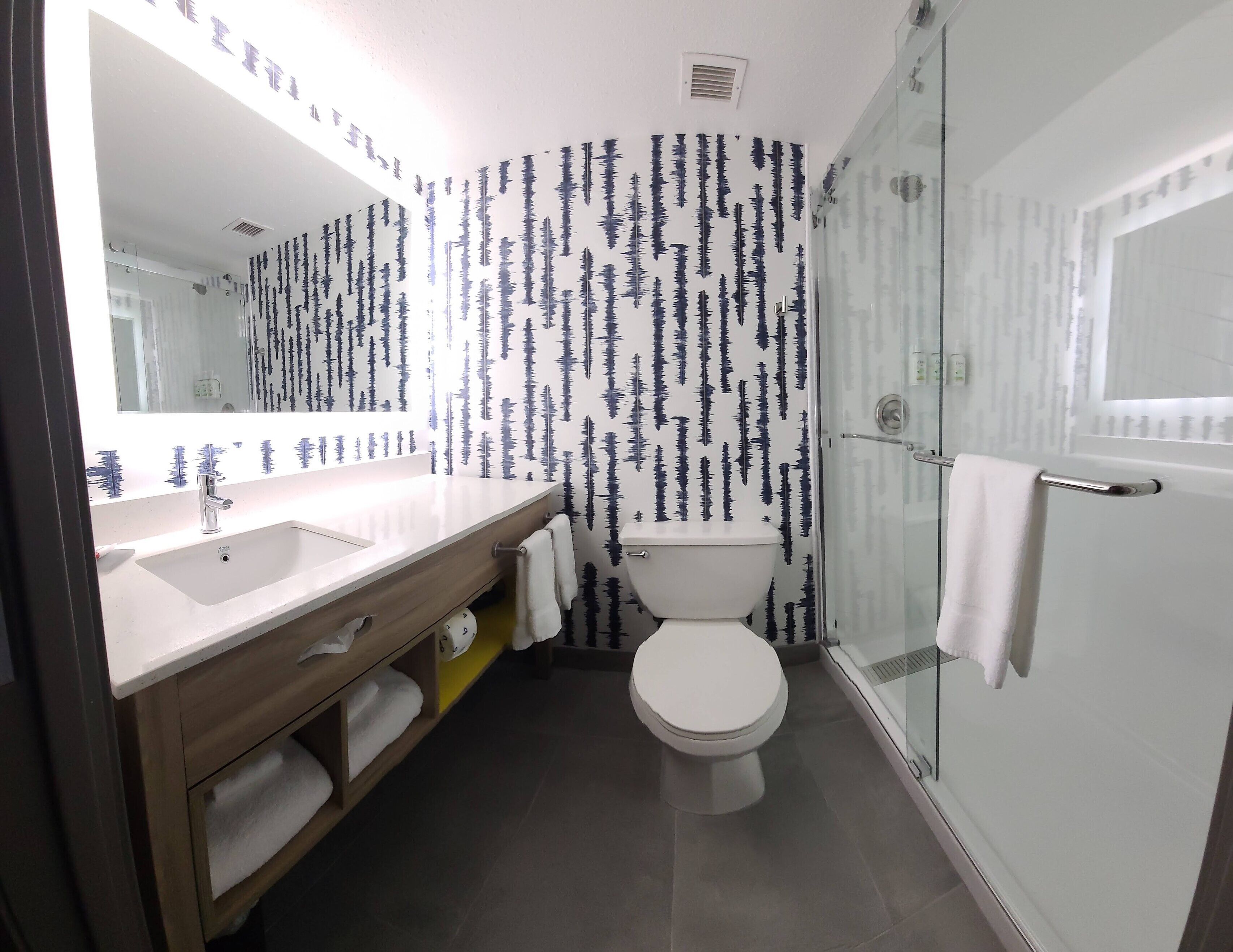 A bathroom with a white sink, a toilet, and a glass shower enclosure.