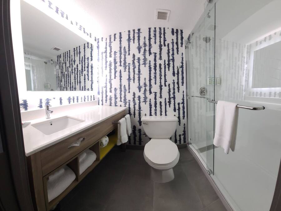 A bathroom with a white sink, a toilet, and a glass shower enclosure.