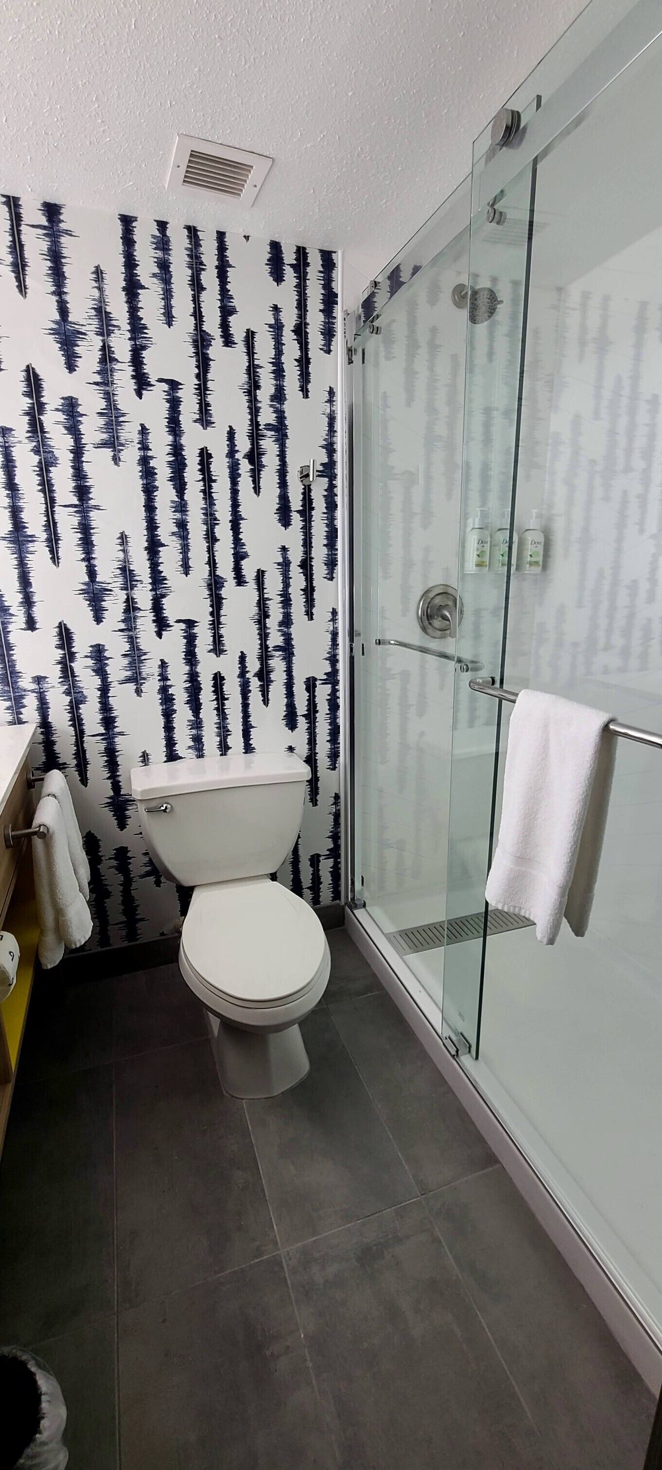 Un bagno con un WC bianco, una cabina doccia in vetro e una parete decorata.