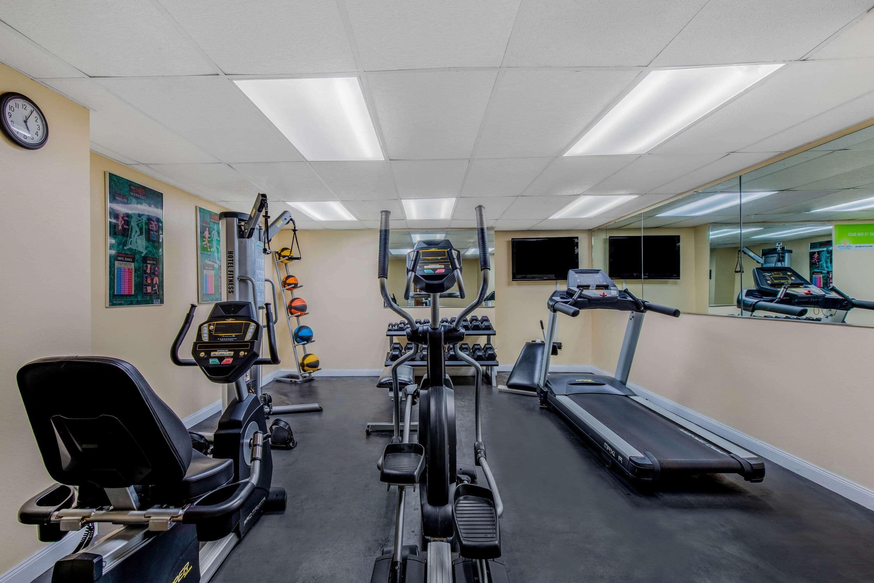 Una palestra con tapis roulant, ellittiche e pesi liberi.