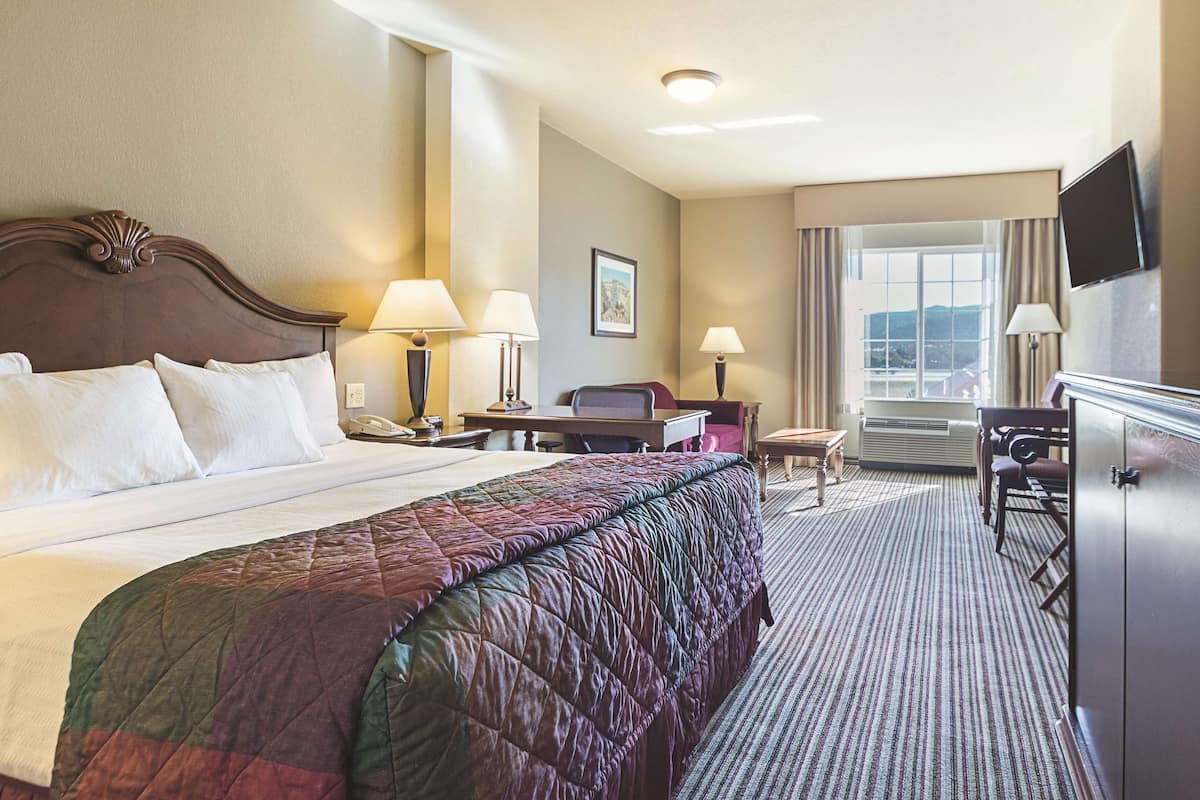 Een hotelkamer met een groot bed, twee bedlampen, een bureau met stoel, een televisie en een raam met uitzicht.