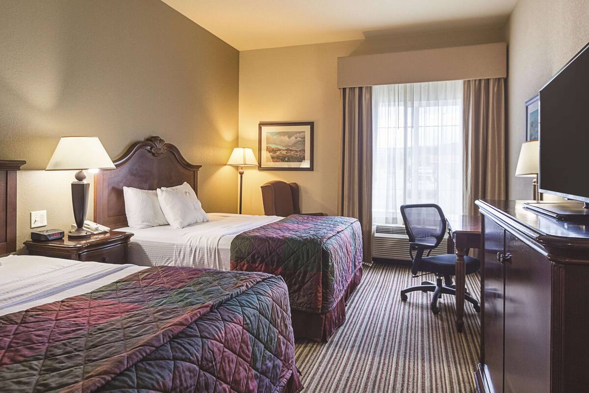 Een hotelkamer met twee bedden, een bureau, een stoel, een televisie en een schilderij aan de muur.