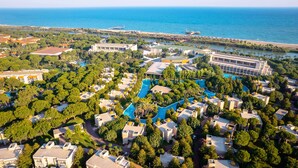 An aerial view of a resort with multiple swimming pools, lush greenery, and a beachfront.