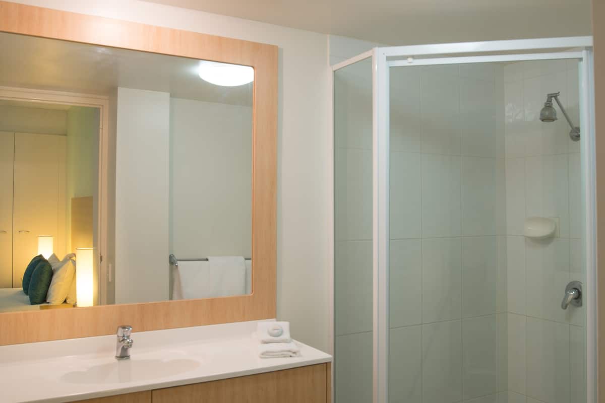 combined shower/bathtub, free toiletries, towels