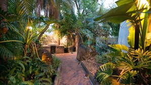 Un chemin pavé de briques traverse un jardin luxuriant où poussent diverses plantes tropicales, et une construction en briques se dresse à l’arrière-plan.