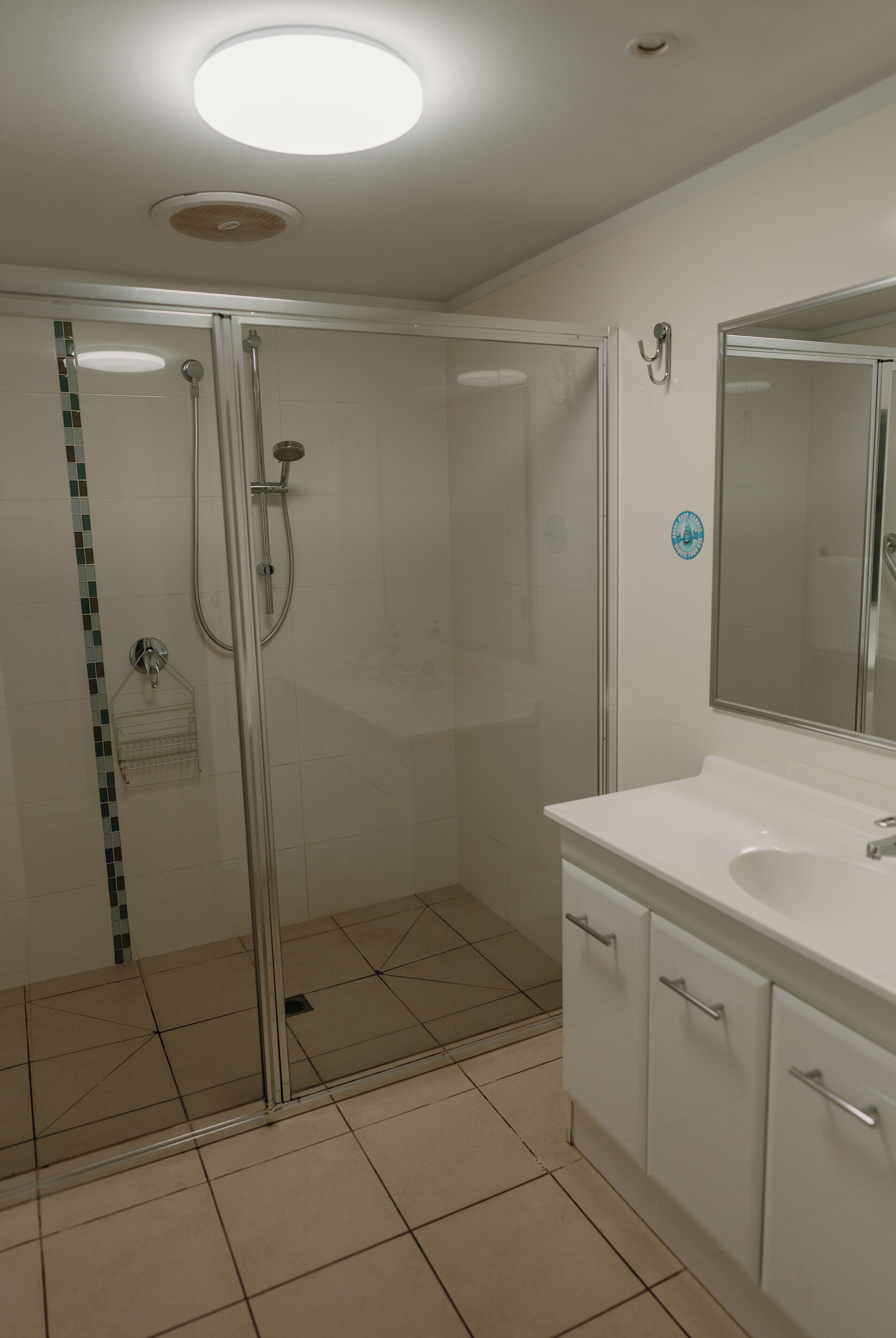 Une salle de bain avec une douche à parois de verre, un lavabo blanc et un miroir.